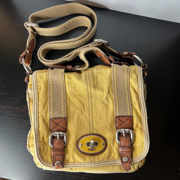 Fossil Yellow Canvas Crossbody Messenger Bag Leather Trim Buckle Flap Organizer - Picture 5 of 14